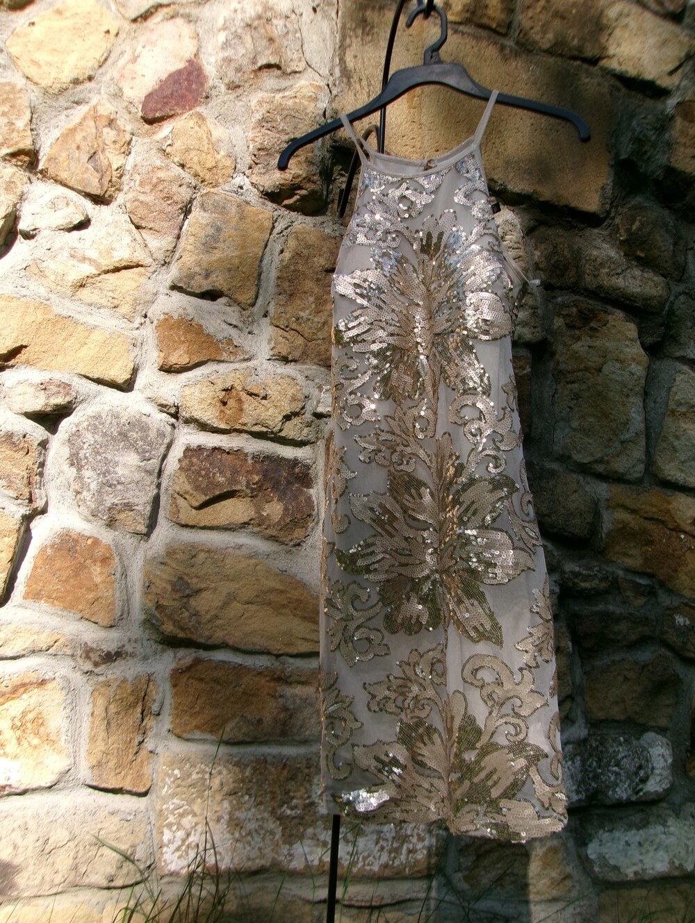 Crystal Doll Beige Dress with Gold Sequin Floral Embroidery